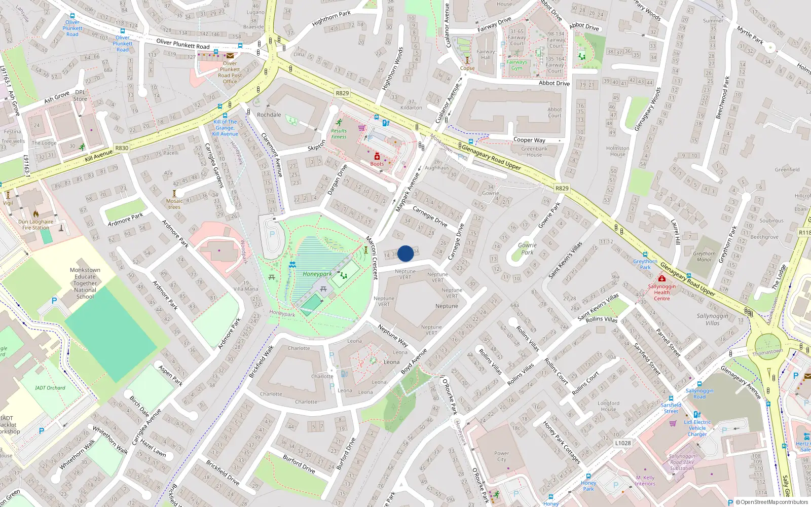 Overhead map showing the location of 36 Boyd Avenue, Dun Laoghaire