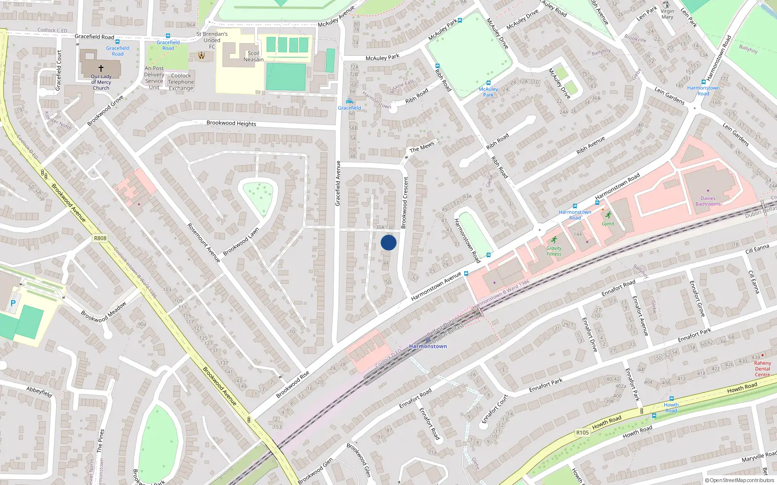 Overhead map showing the location of 36 Brookwood Crescent, Dublin 5
