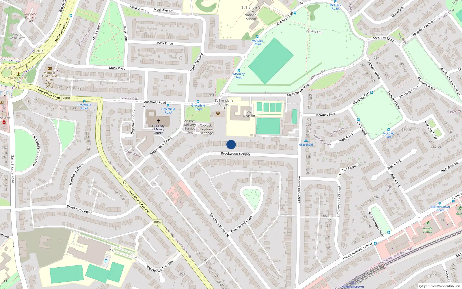 Overhead map showing the location of 36 Brookwood Heights, Artane, Dublin
