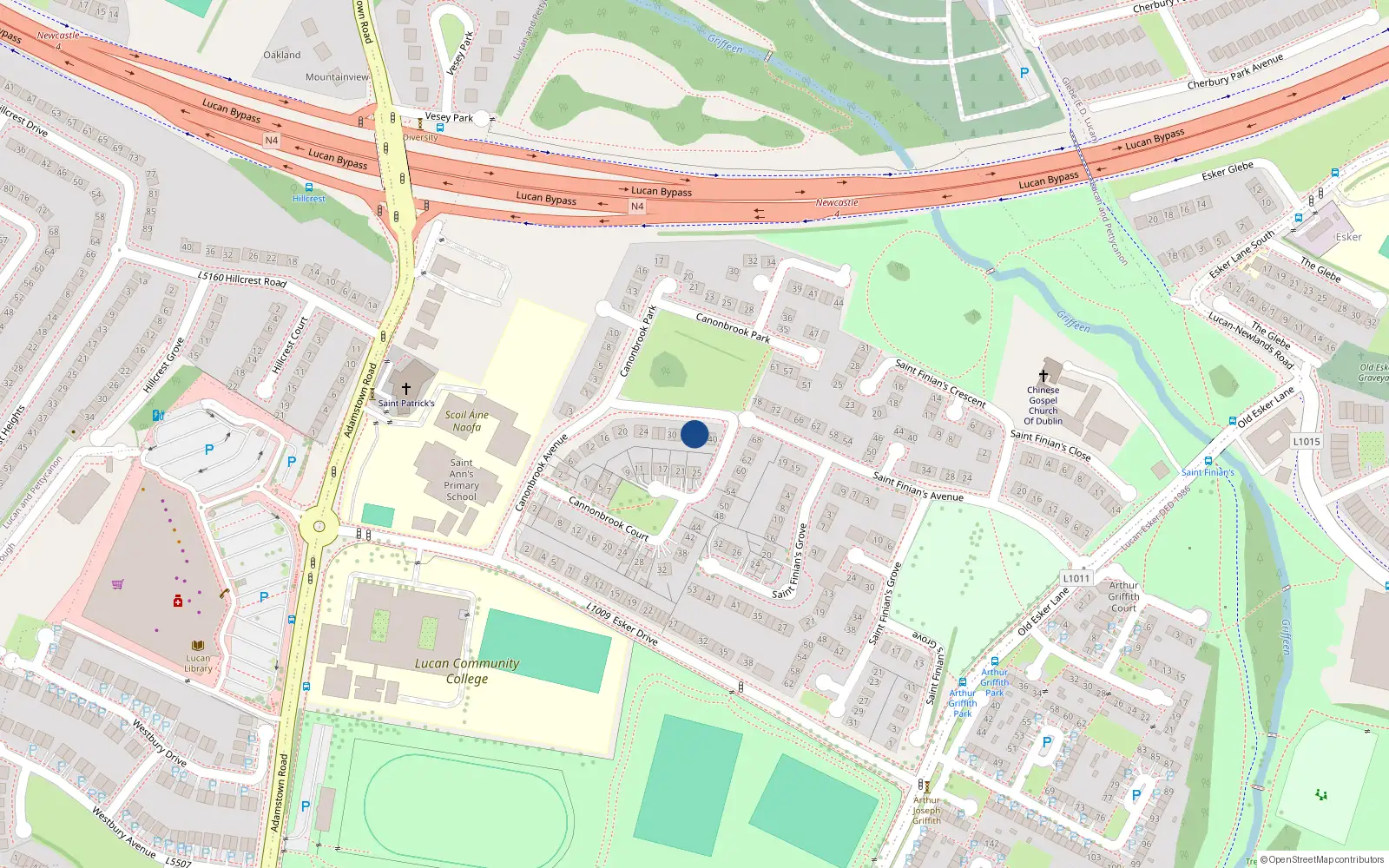 Overhead map showing the location of 36 Cannonbrook Avenue, Lucan, Dublin