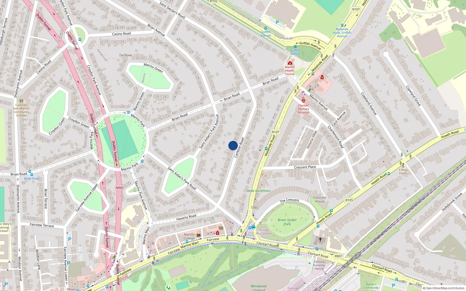 Overhead map showing the location of 36 Carleton Road, Dublin 3