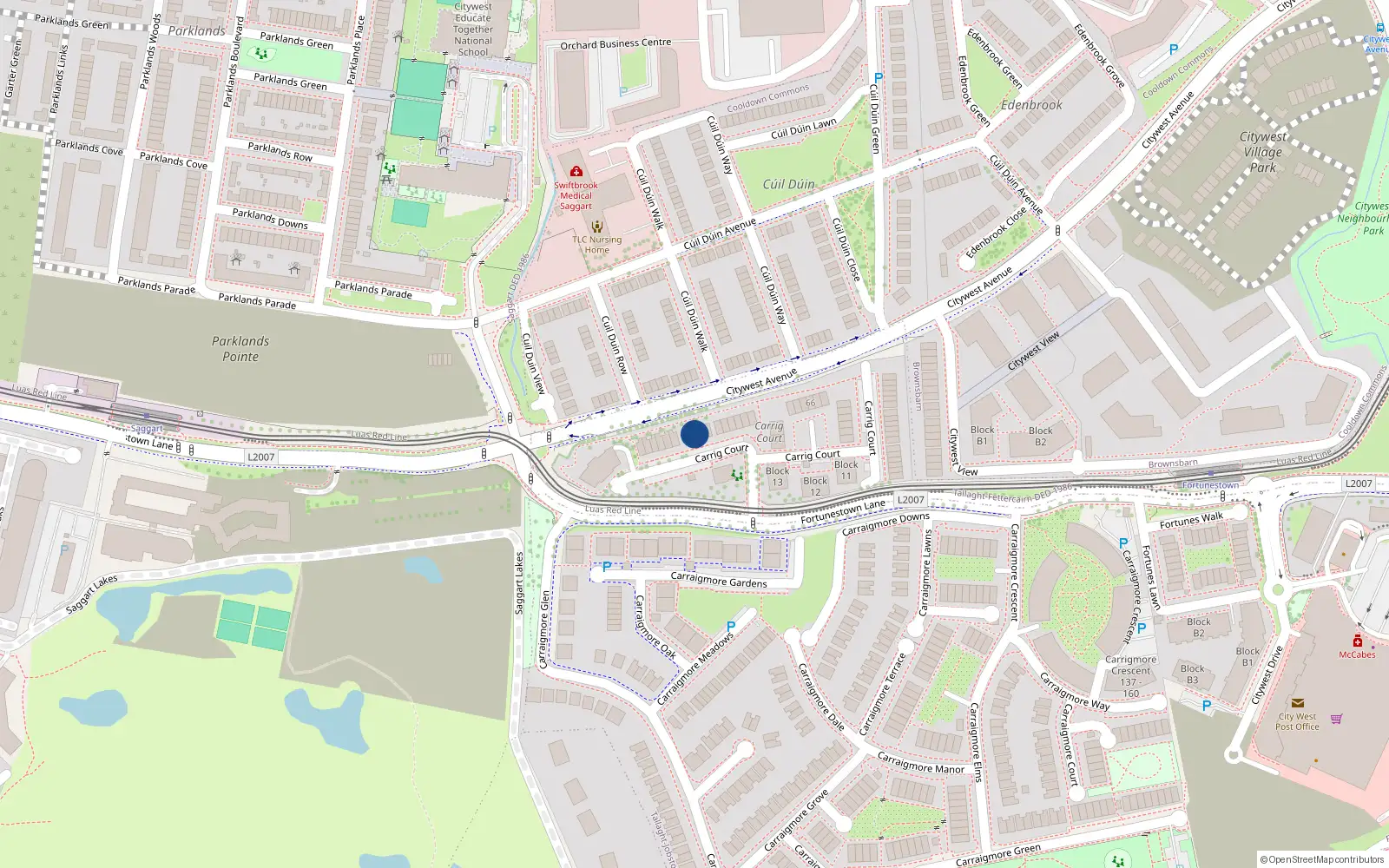 Overhead map showing the location of 36 Carrig Court, Saggart