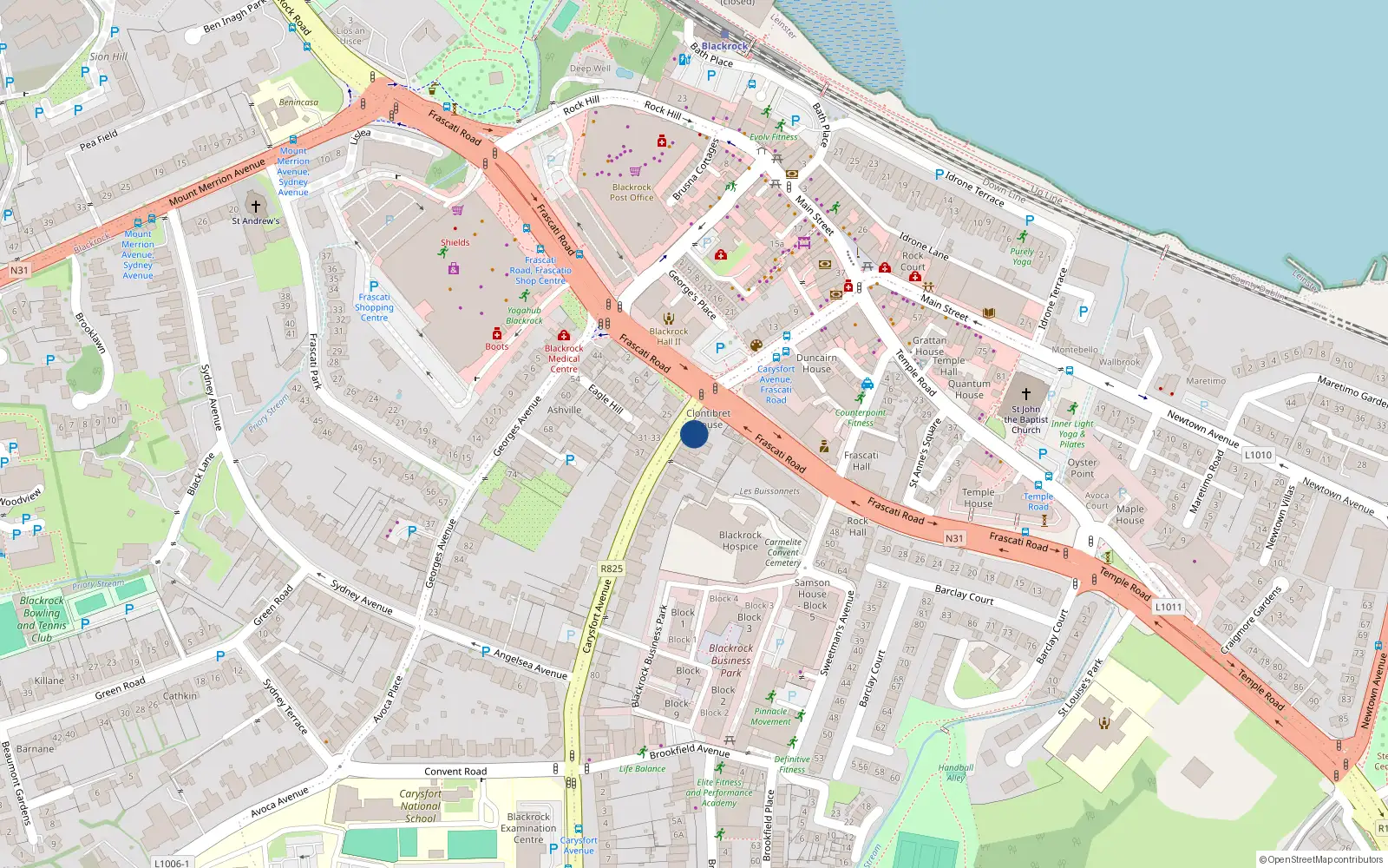 Overhead map showing the location of 36 Carysfort Avenue, Blackrock, Co Dublin