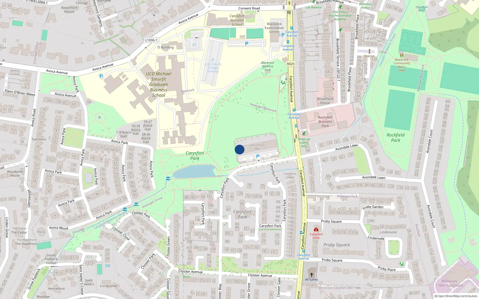 Overhead map showing the location of 36 Carysfort Hall, Blackrock, Co Dublin