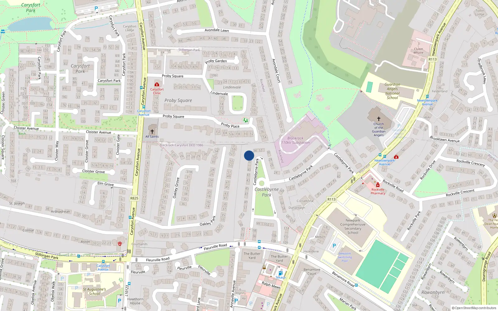 Overhead map showing the location of 36 Castlebyrne Park, Blackrock