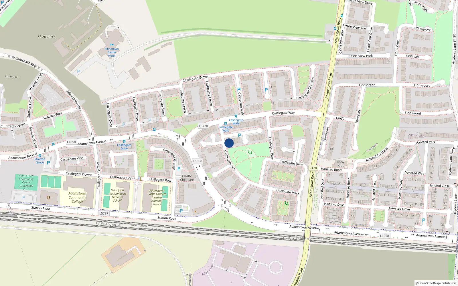 Overhead map showing the location of 36 Castlegate Park, Adamstown, Lucan
