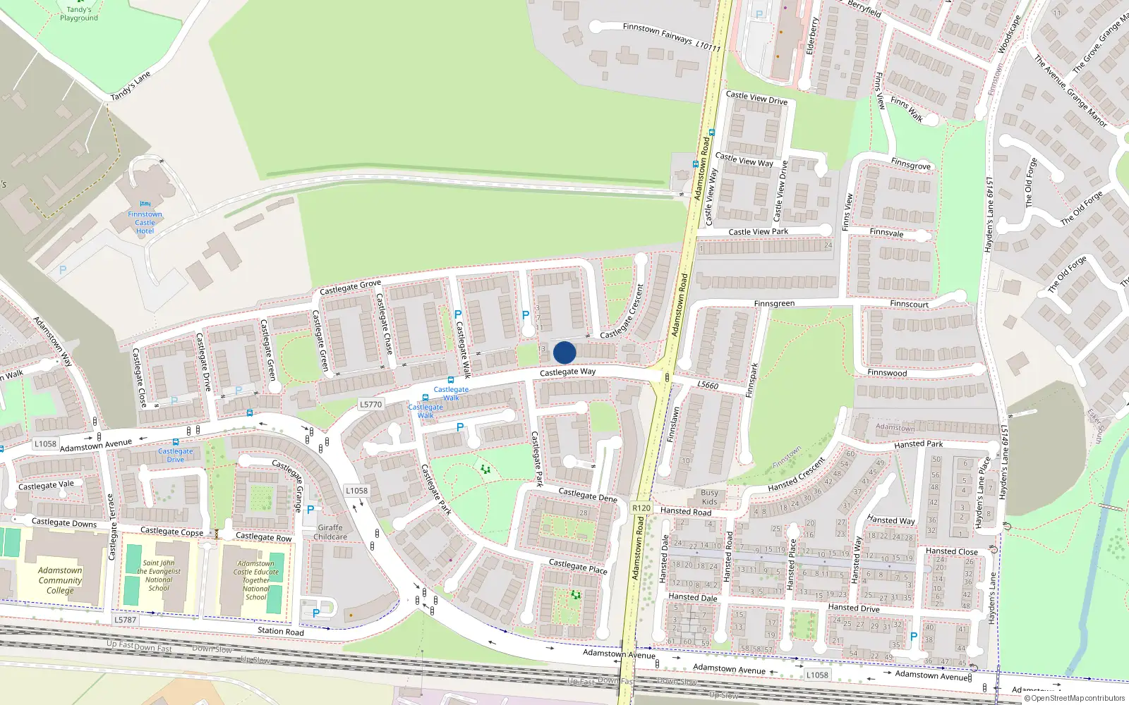 Overhead map showing the location of 36 Castlegate Way, Adamstown, Lucan