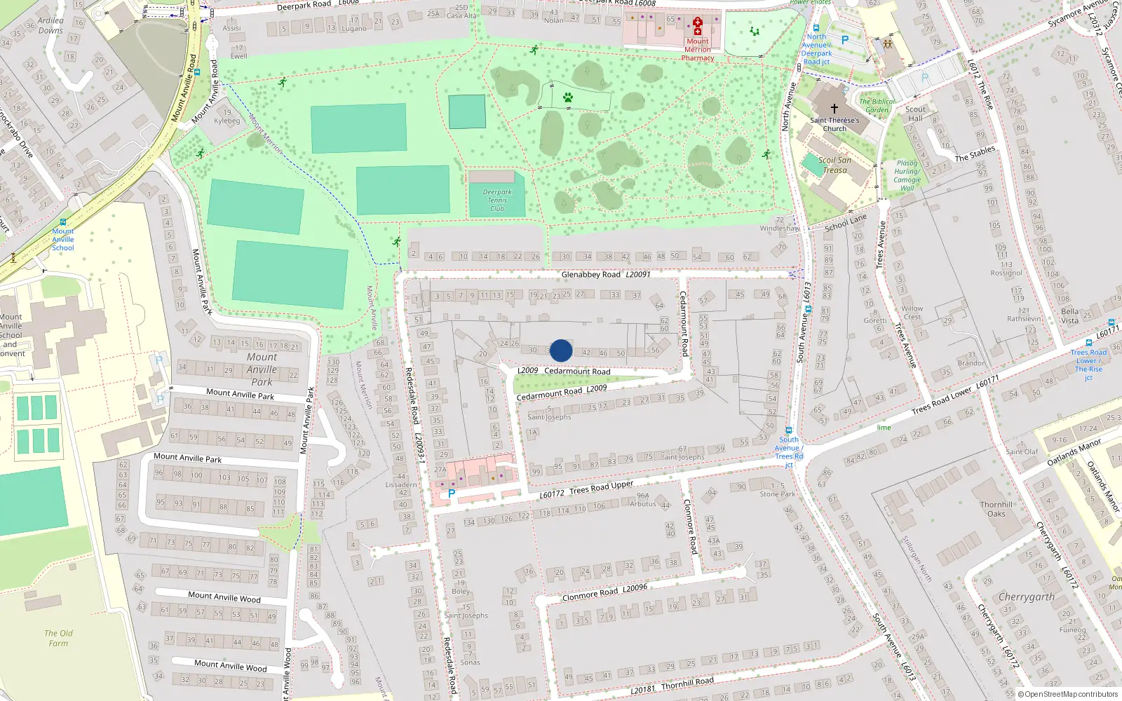 Overhead map showing the location of 36 Cedarmount Road, Blackrock