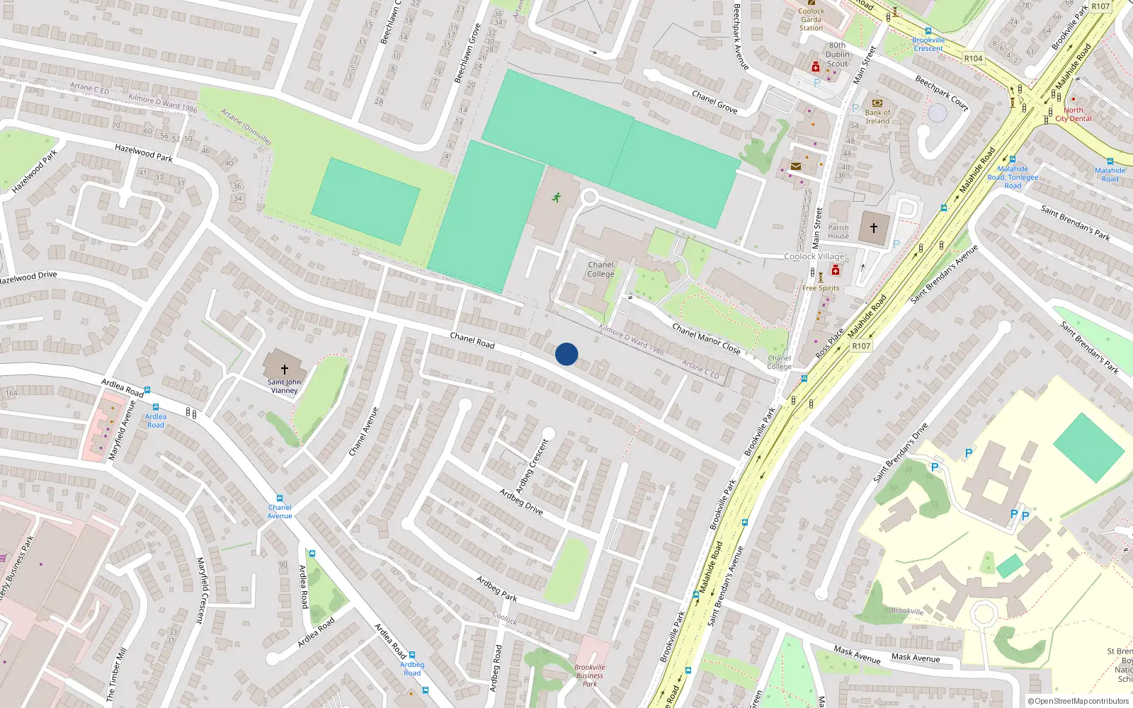 Overhead map showing the location of 36 Chanel Road, Dublin 5