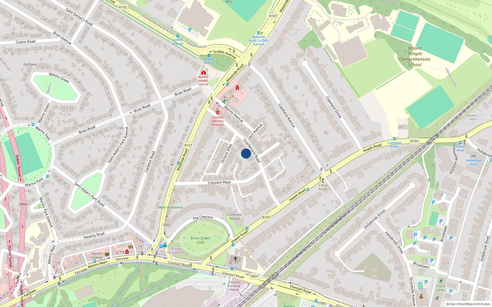 Overhead map showing the location of 36 Charlemont Road, Clontarf, Dublin 3