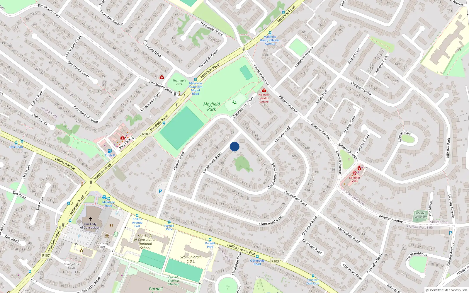 Overhead map showing the location of 36 Clandonagh Road, Donnycarney, Dublin 5