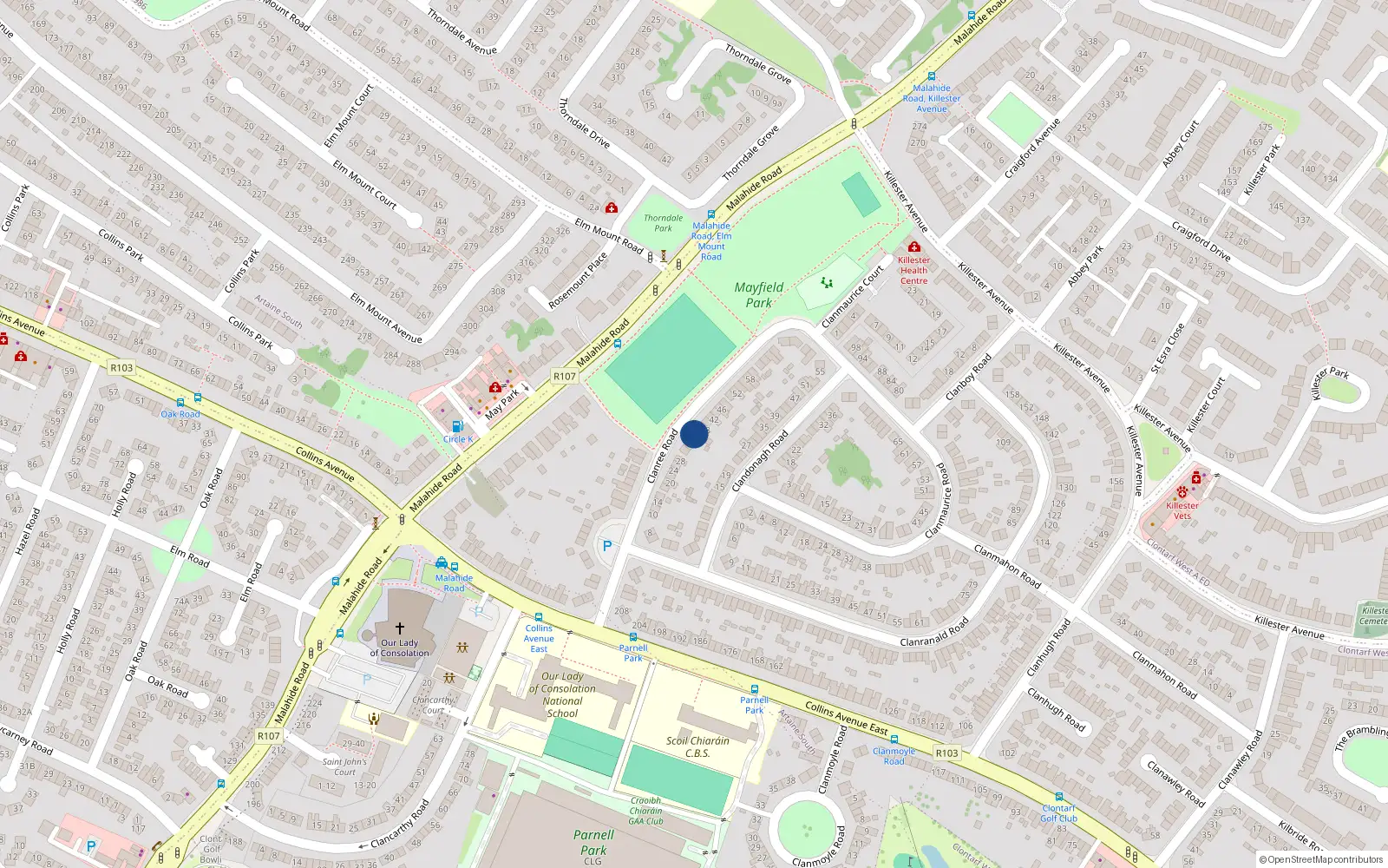 Overhead map showing the location of 36 Clanree Road, Dublin 5