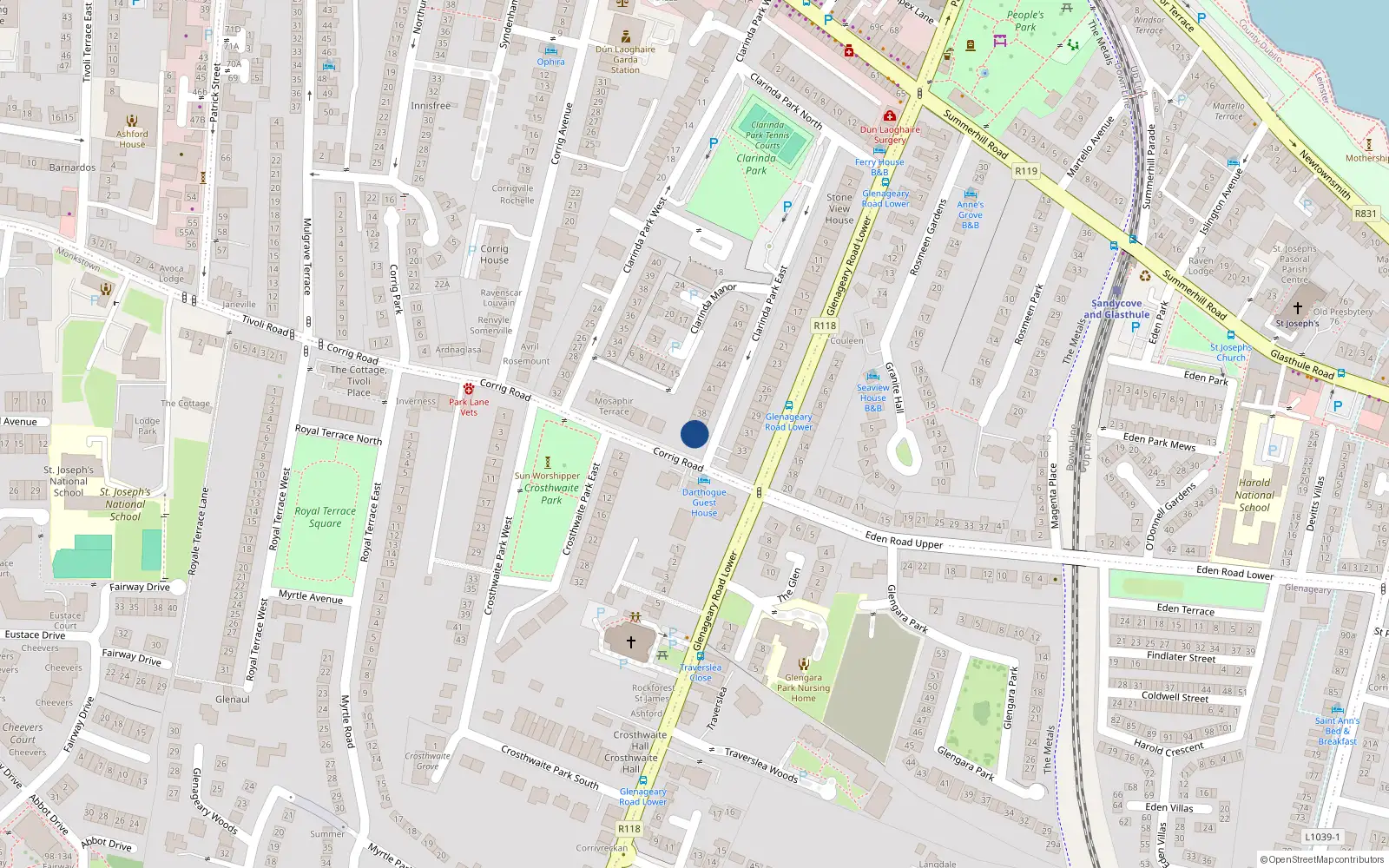 Overhead map showing the location of 36 Clarinda Park East, Dublin