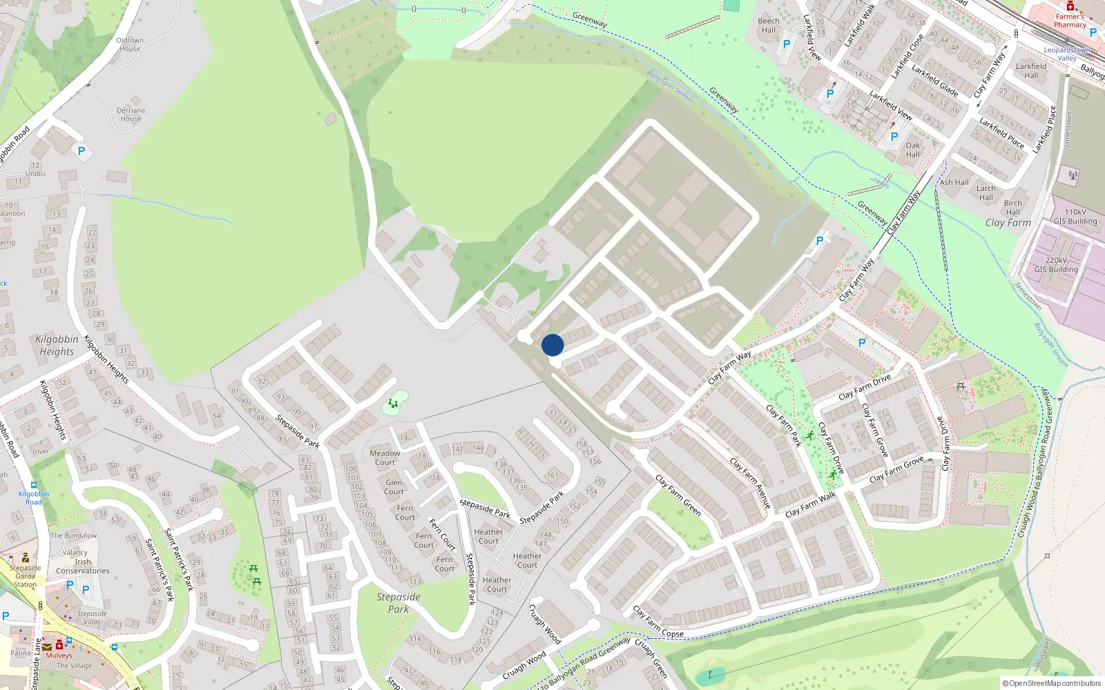 Overhead map showing the location of 36 Clay Farm Glade, Dublin 18