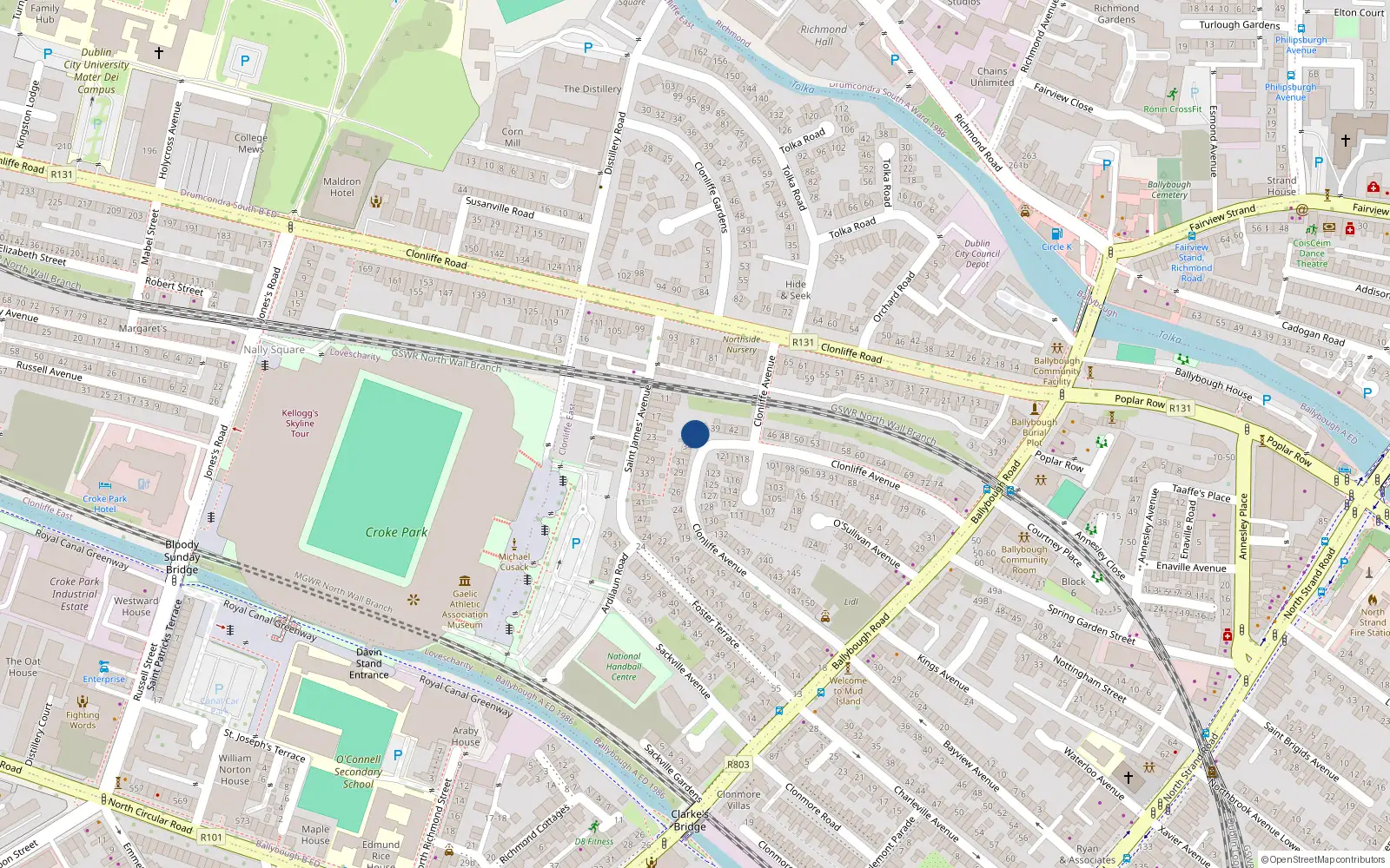 Overhead map showing the location of 36 Clonliffe Avenue, Ballybough, Dublin 3