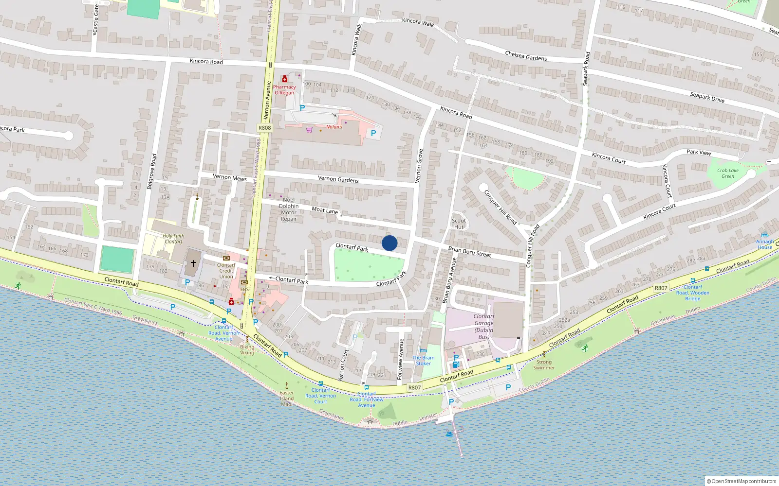 Overhead map showing the location of 36 Clontarf Park, Clontarf, Dublin 3