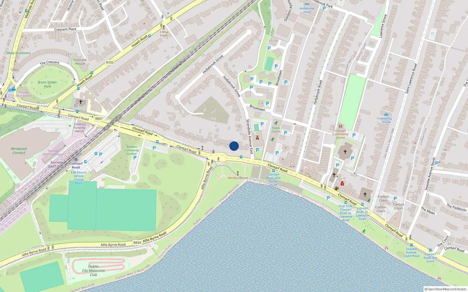 Overhead map showing the location of 36 Clontarf Road, Clontarf, Dublin 3