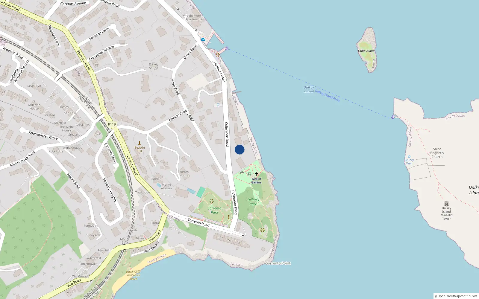 Overhead map showing the location of 36 Coliemore Road, Dalkey, Dublin