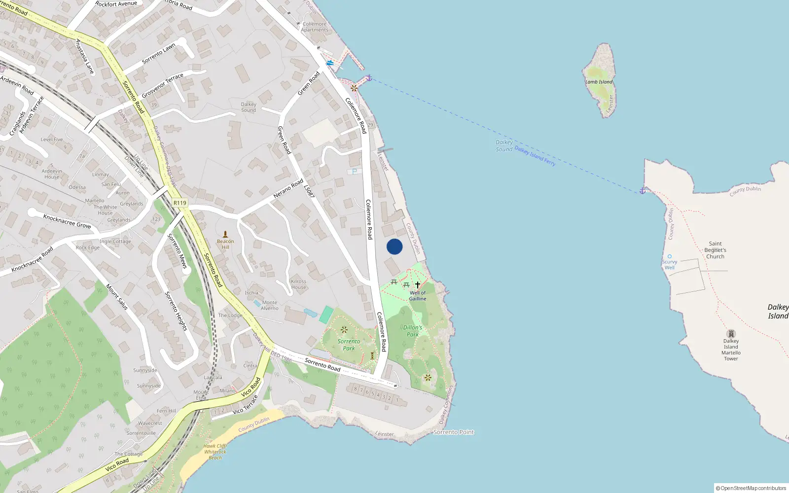 Overhead map showing the location of 36 Coliemore Road, Dalkey