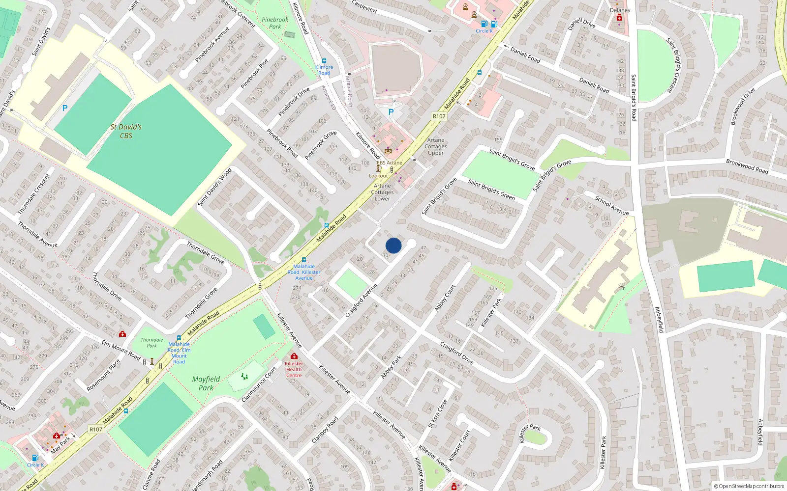 Overhead map showing the location of 36 Craigford Avenue, Dublin 5