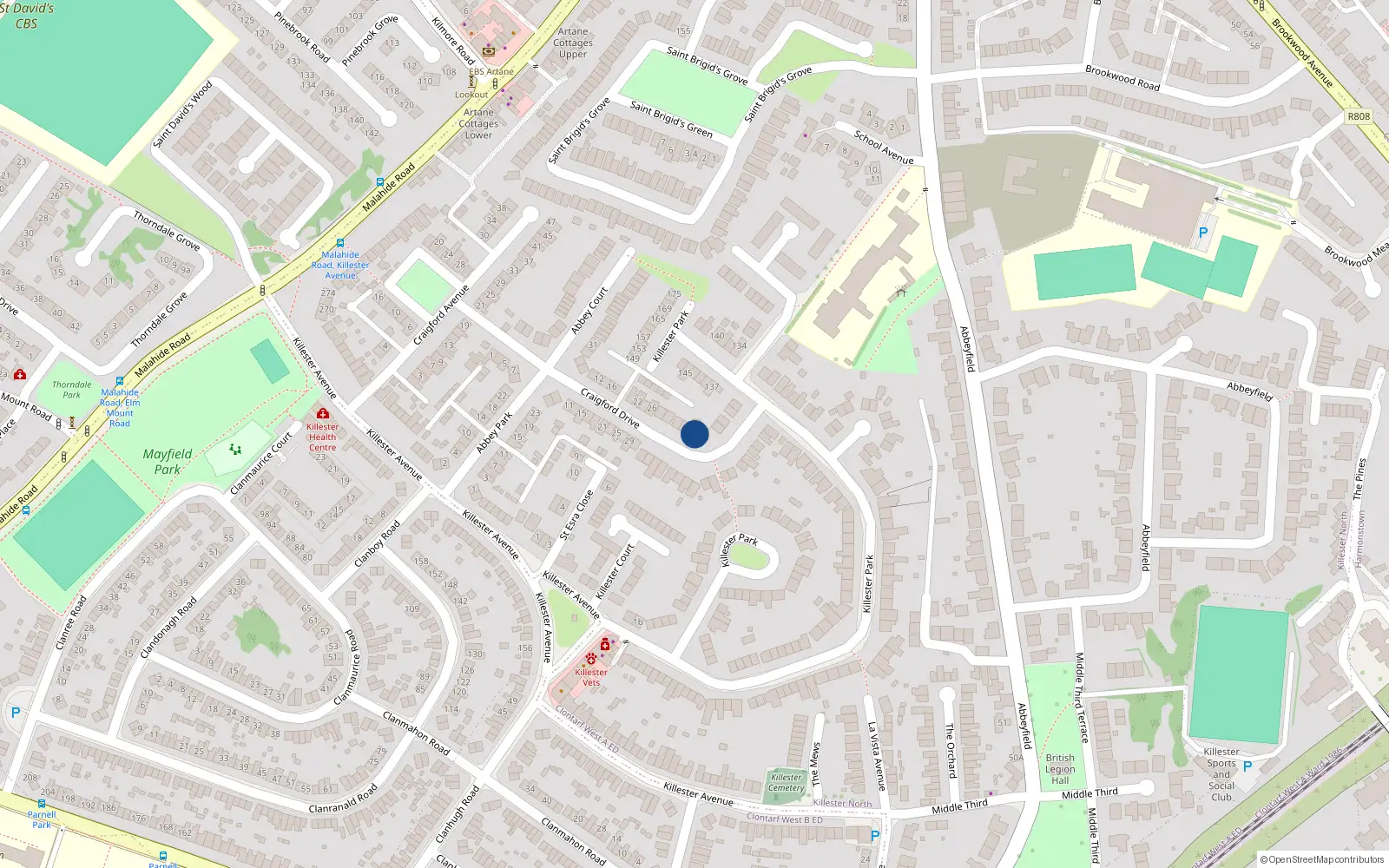 Overhead map showing the location of 36 Craigford Drive, Artane, Dublin 5