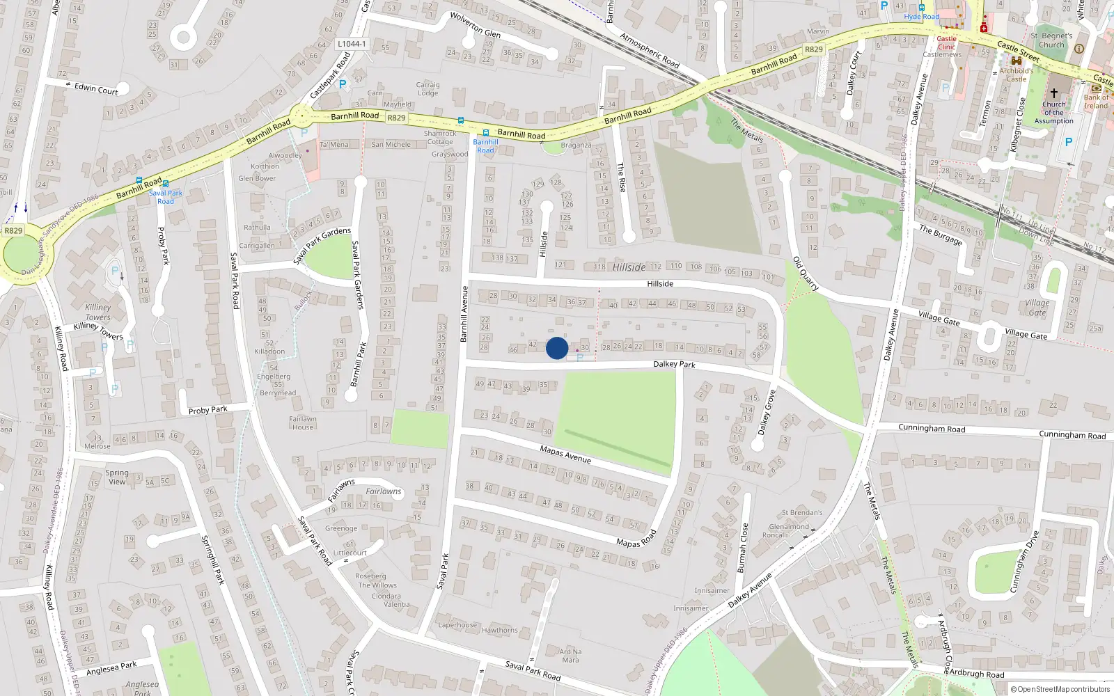 Overhead map showing the location of 36 Dalkey Park, Dalkey, Co Dublin