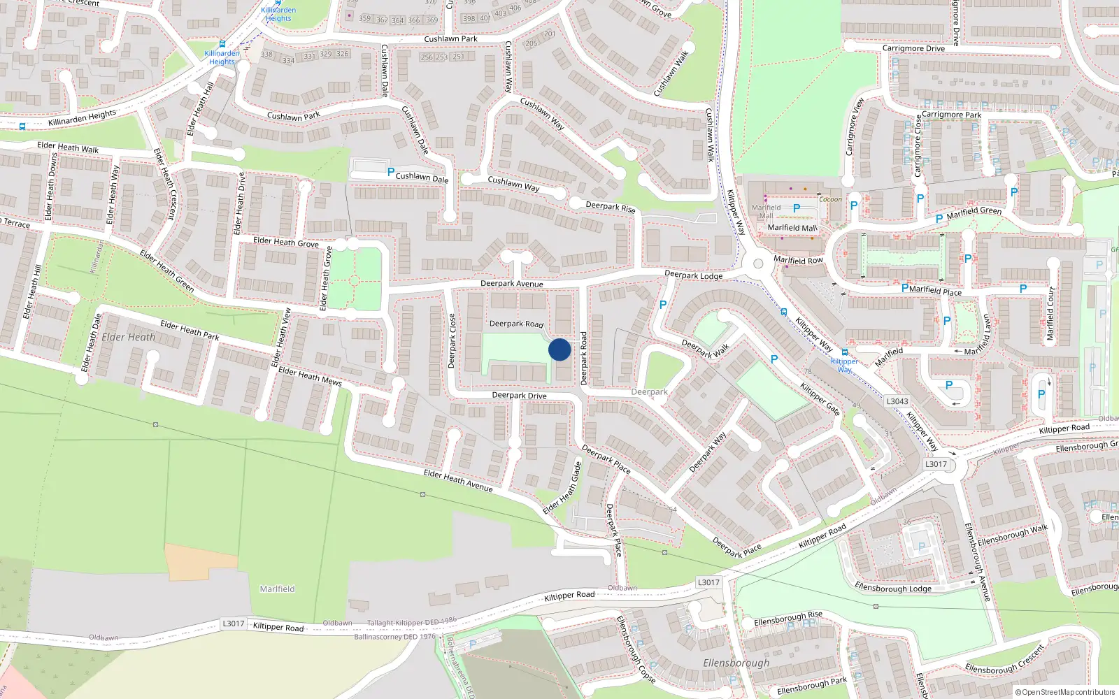 Overhead map showing the location of 36 Deerpark Road, Tallaght