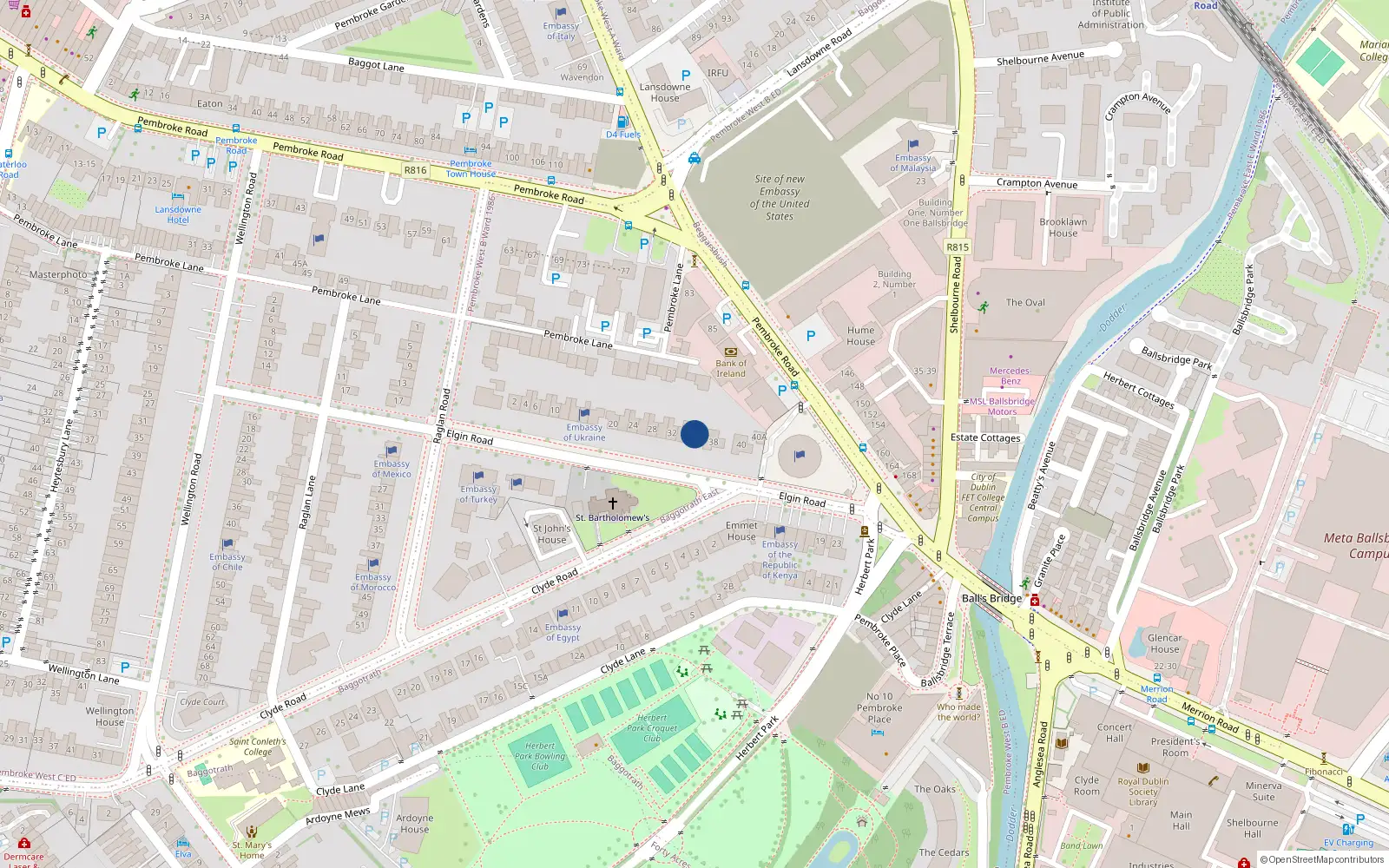 Overhead map showing the location of 36 Elgin Road, Dublin 4