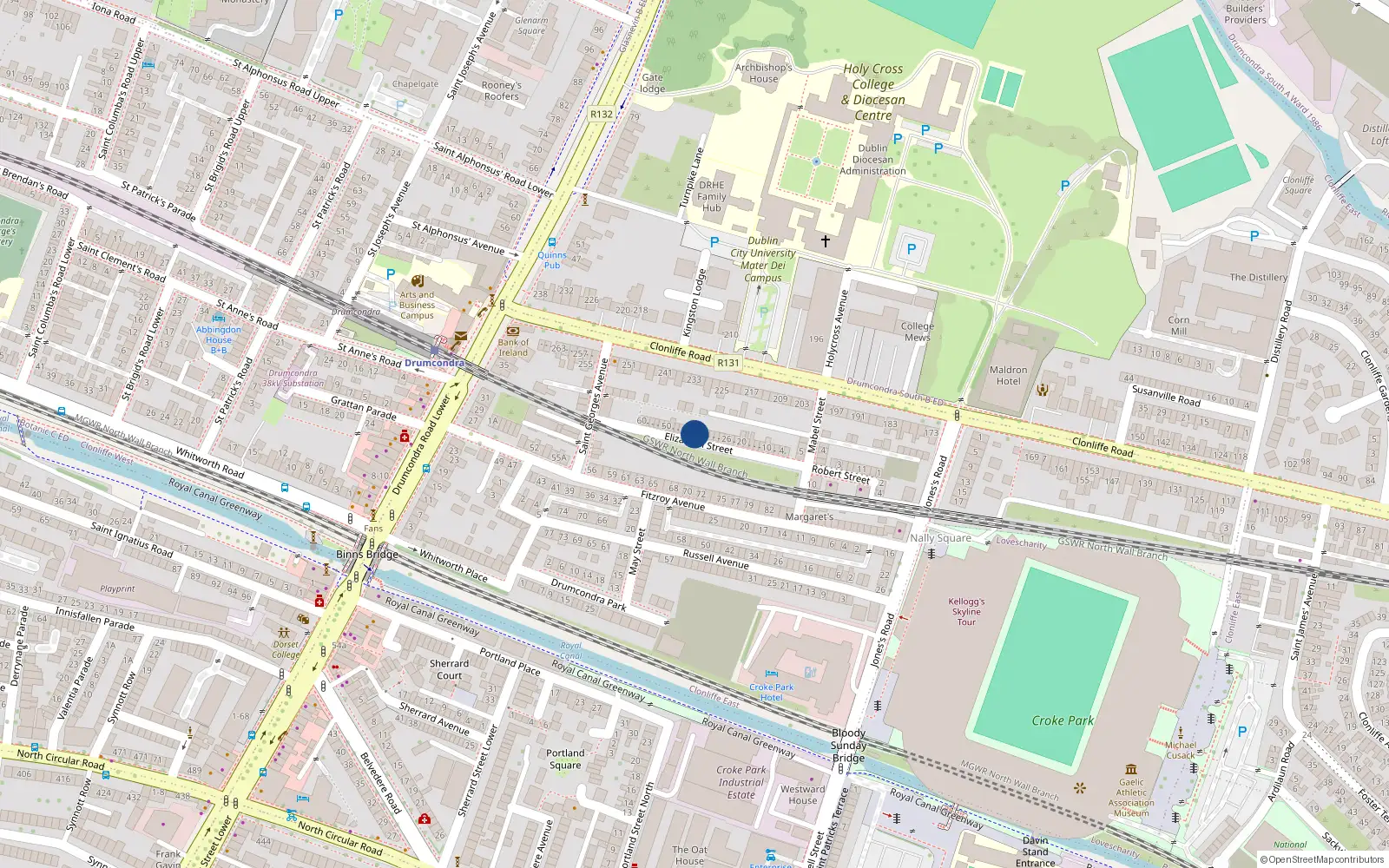 Overhead map showing the location of 36 Elizabeth St, Drumcondra, Dublin 3