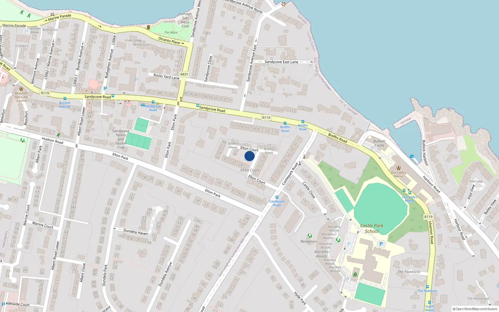 Overhead map showing the location of 36 Elton Court, Sandycove, Dublin