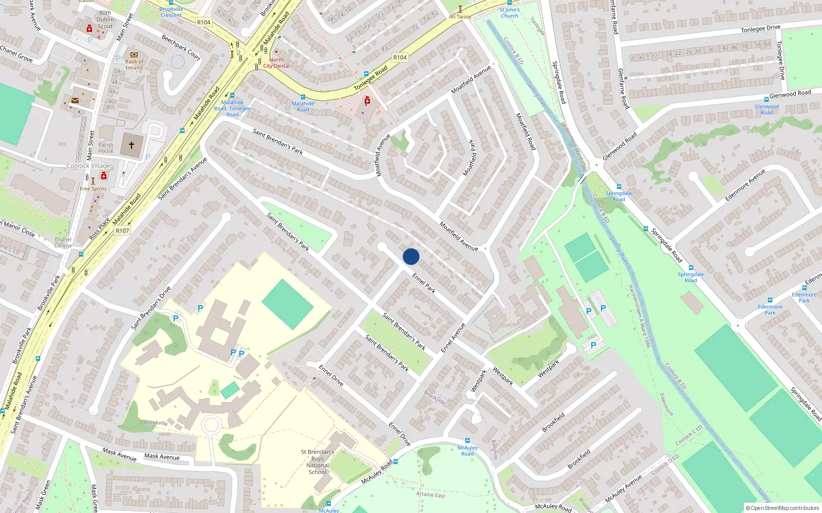 Overhead map showing the location of 36 Ennel Park, Artane, Dublin 5
