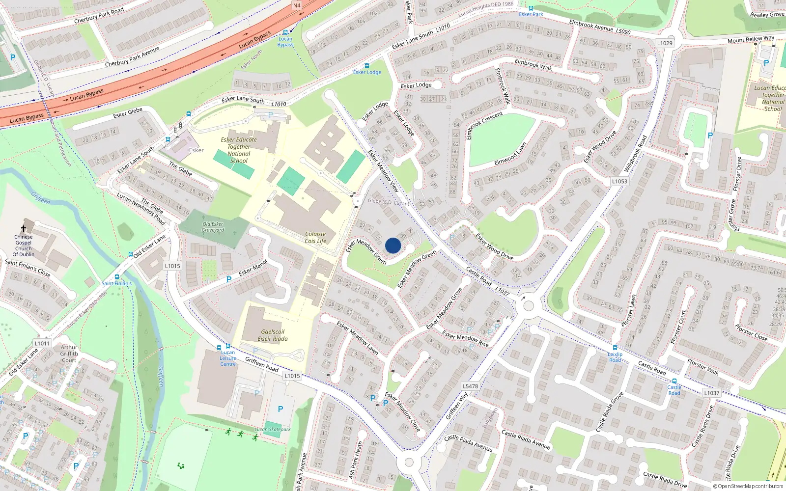 Overhead map showing the location of 36 Esker Meadow Green, Lucan