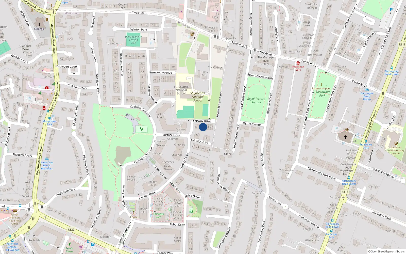 Overhead map showing the location of 36 Fairway Drive, Cualanor