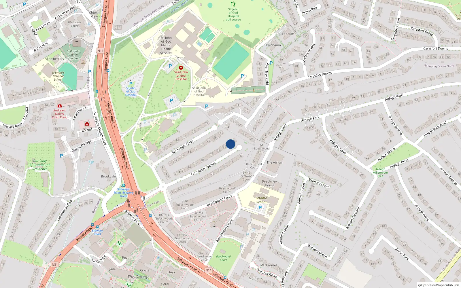 Overhead map showing the location of 36 Farmleigh Avenue, Stillorgan, Dublin