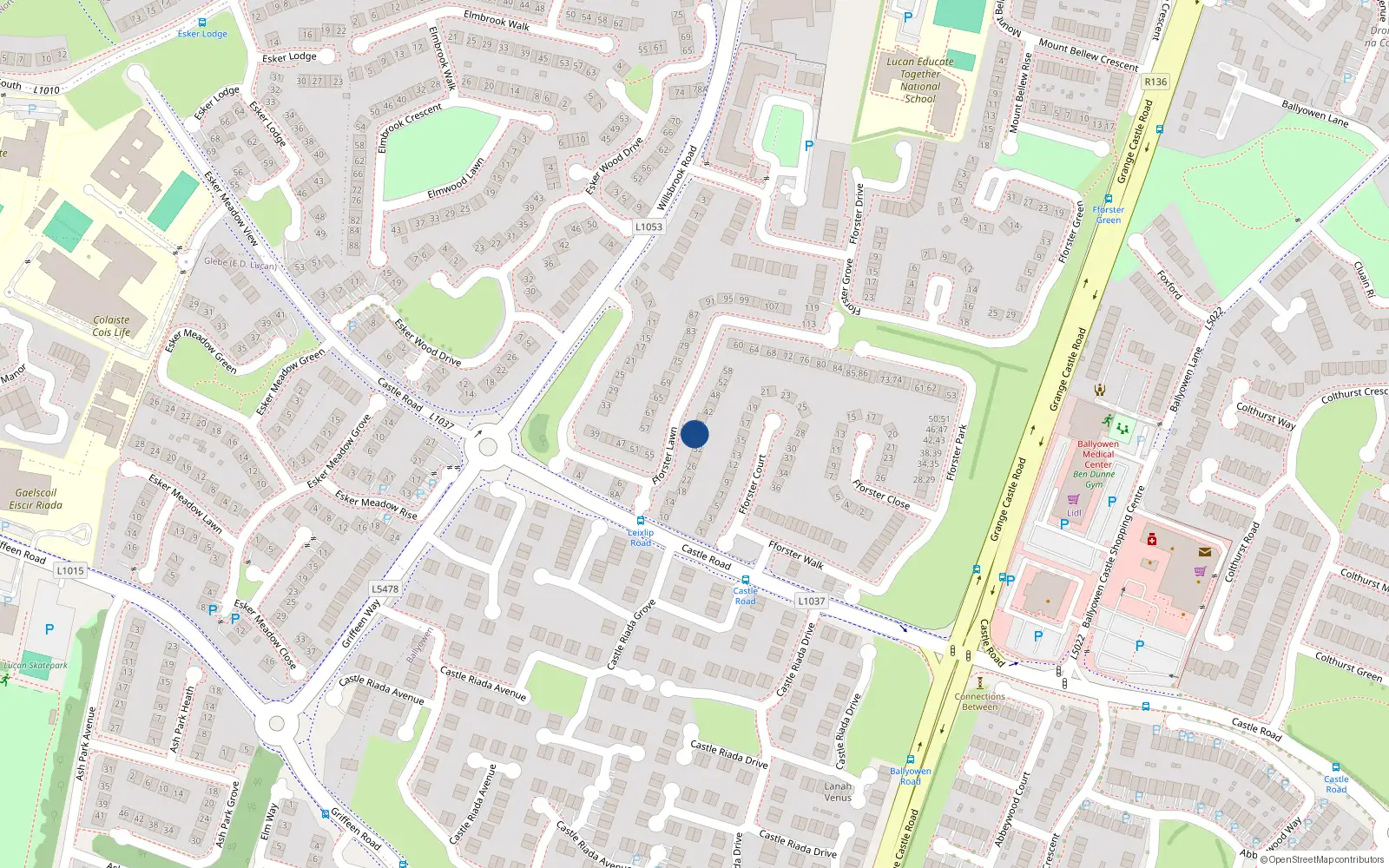 Overhead map showing the location of 36 Fforster Lawn, Lucan, Dublin