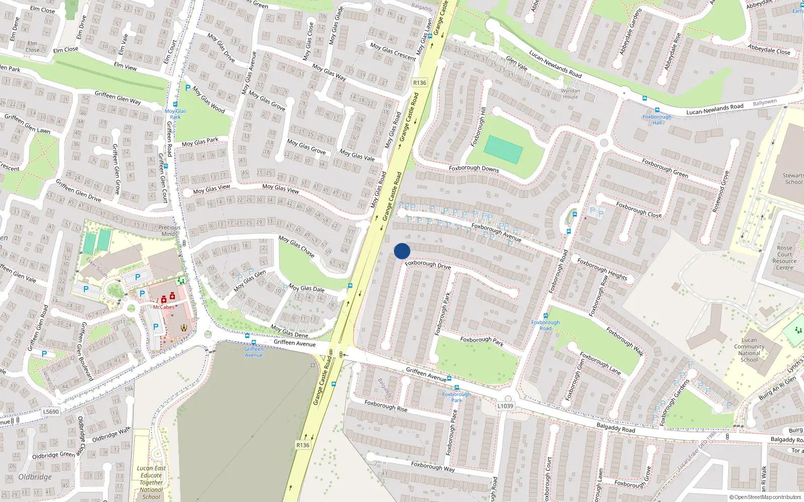 Overhead map showing the location of 36 Foxborough Drive, Lucan, Dublin