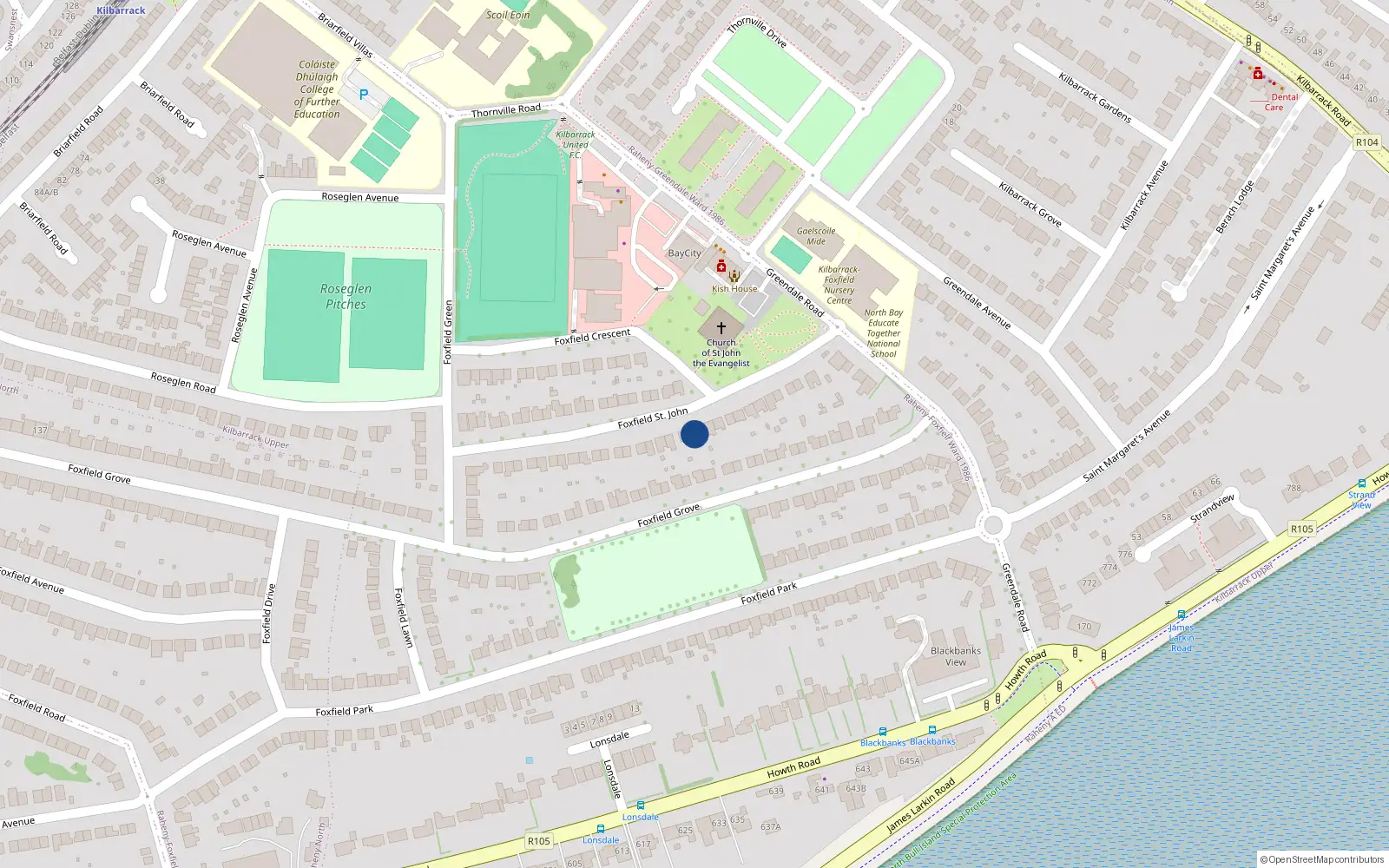 Overhead map showing the location of 36 Foxfield Saint John, Dublin 5