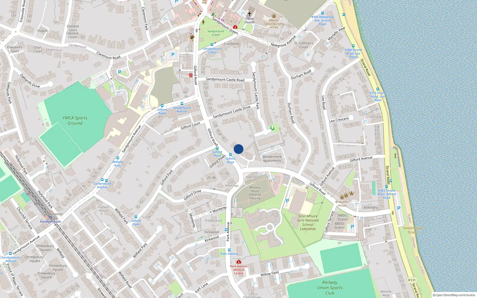 Overhead map showing the location of 36 Gilford Road, Sandymount