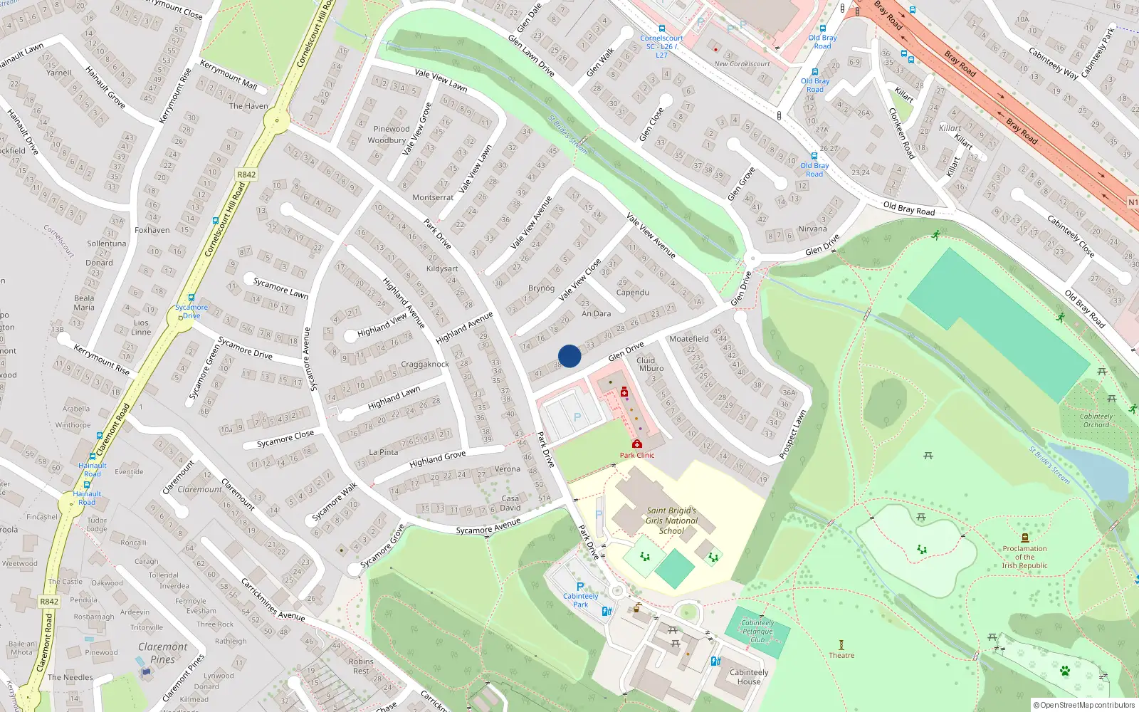 Overhead map showing the location of 36 Glen Drive, Dublin 18