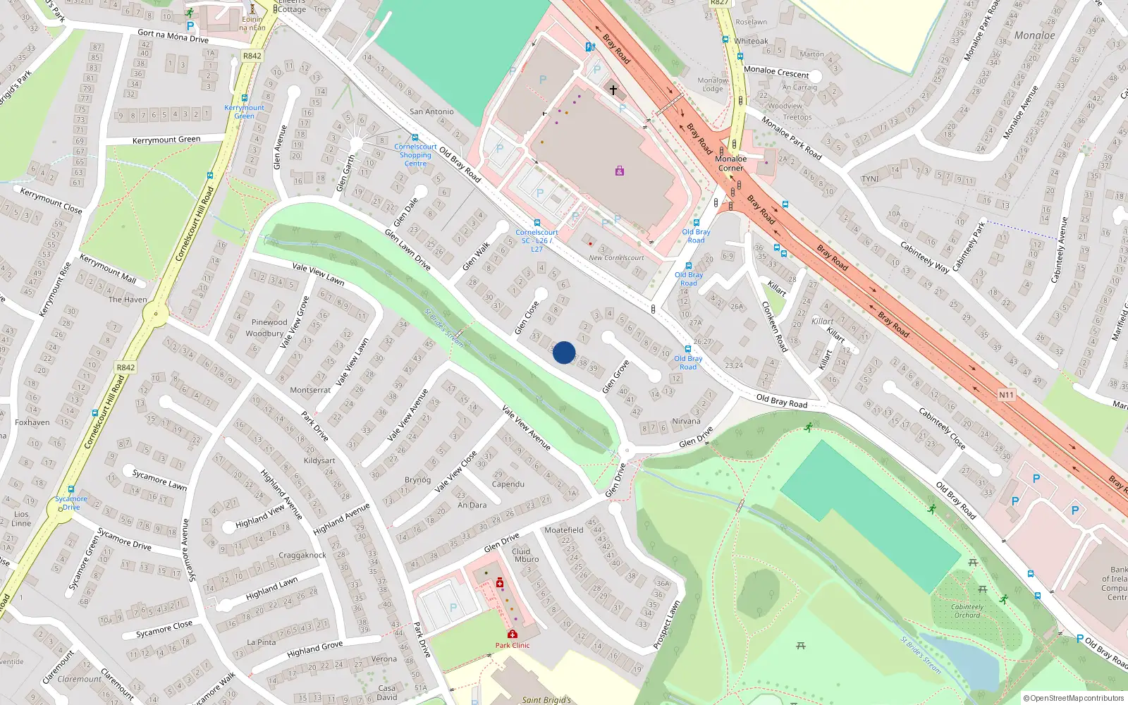 Overhead map showing the location of 36 Glen Lawn Drive, Dublin 18