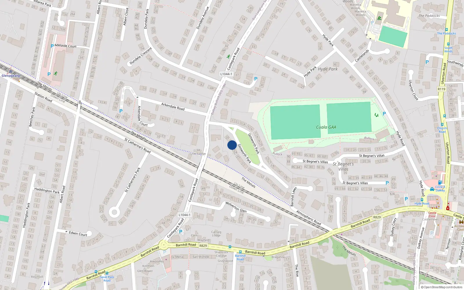 Overhead map showing the location of 36 Gosworth Park, Dalkey, Co Dublin