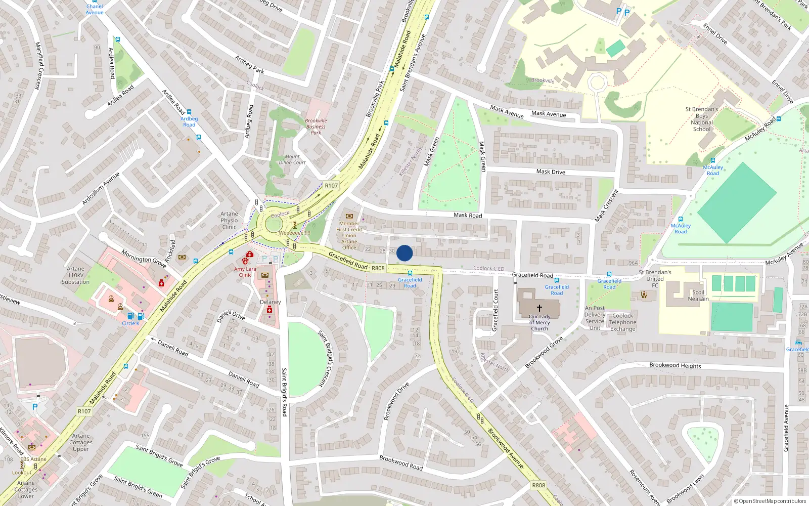 Overhead map showing the location of 36 Gracefield Road, Dublin 5