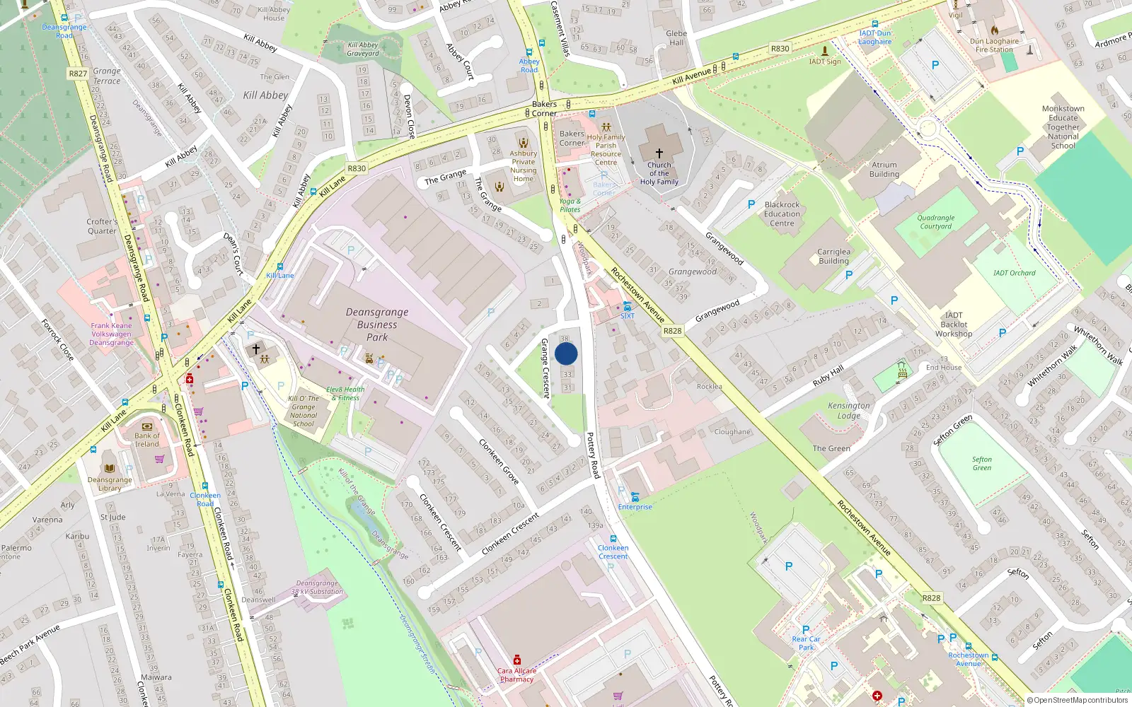 Overhead map showing the location of 36 Grange Crescent, Dublin