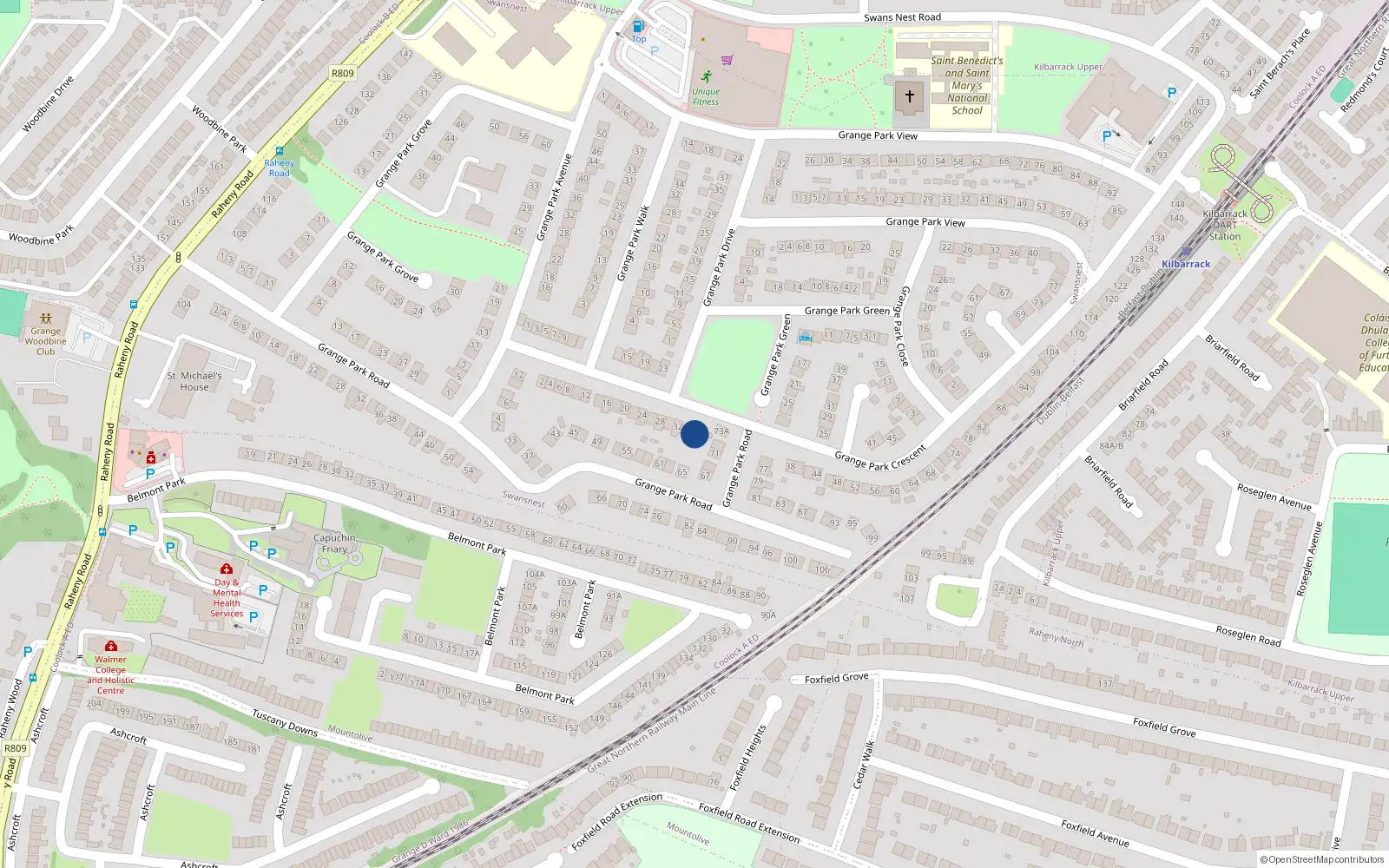Overhead map showing the location of 36 Grange Park Crescent, Raheny, Dublin 5