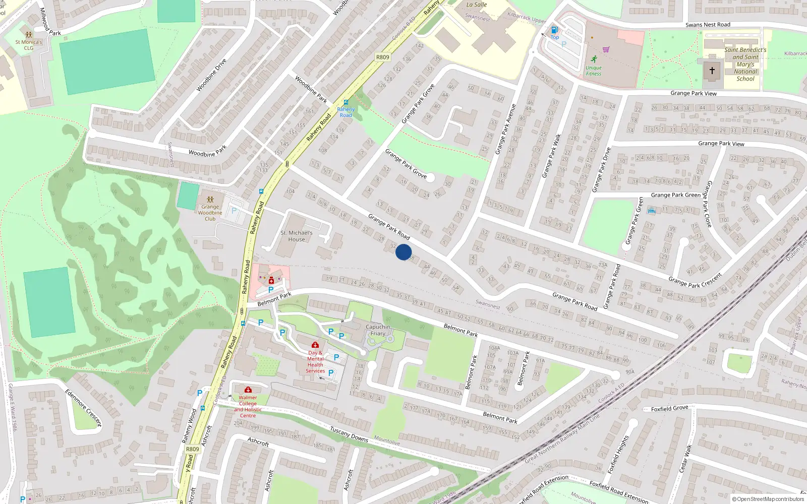 Overhead map showing the location of 36 Grange Park Road, Dublin 5