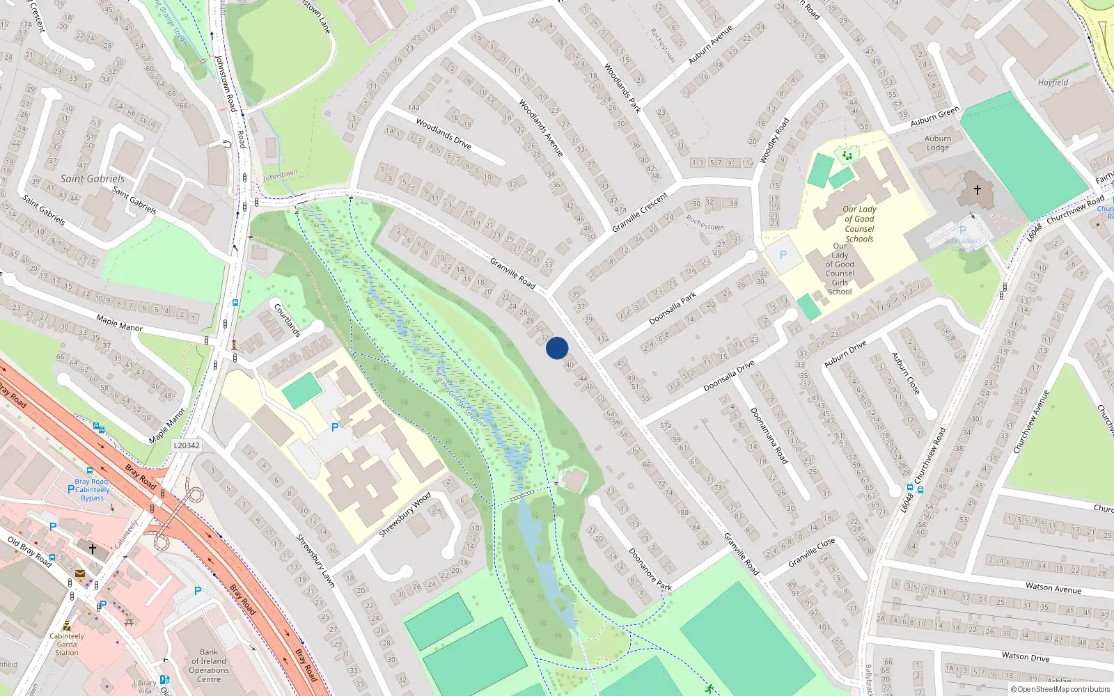 Overhead map showing the location of 36 Granville Road, Dublin