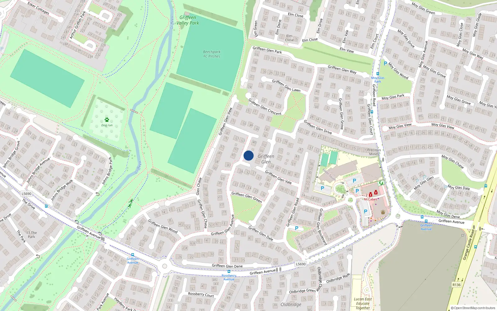 Overhead map showing the location of 36 Griffeen Glen Avenue, Lucan, Dublin