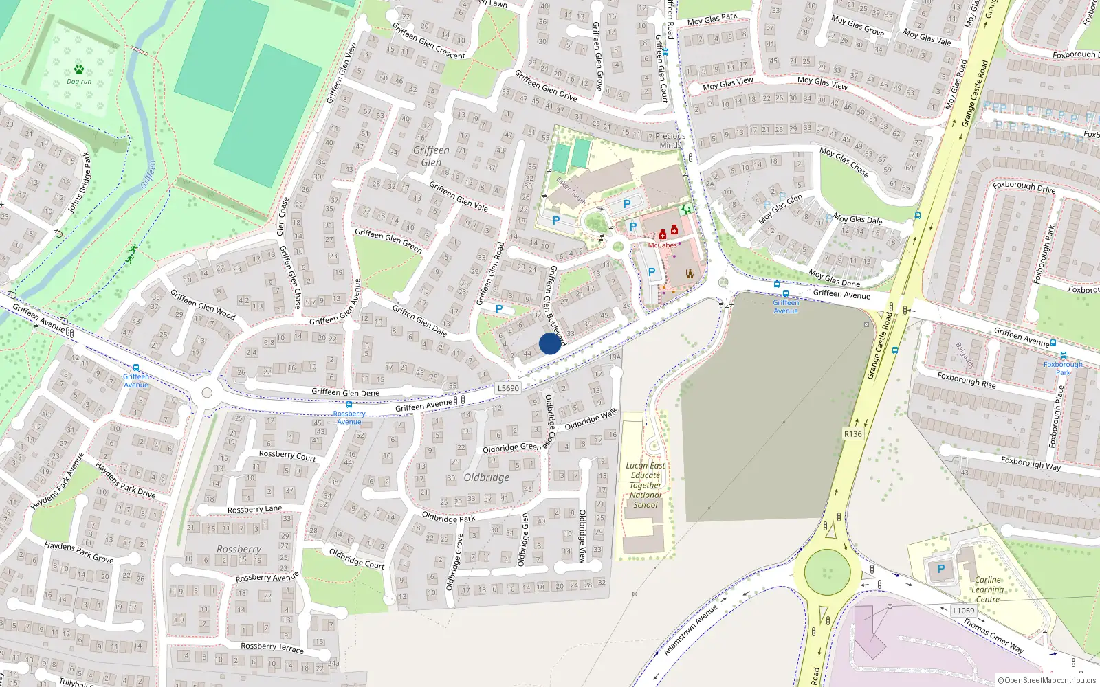 Overhead map showing the location of 36 Griffeen Glen, Boulevard, Lucan