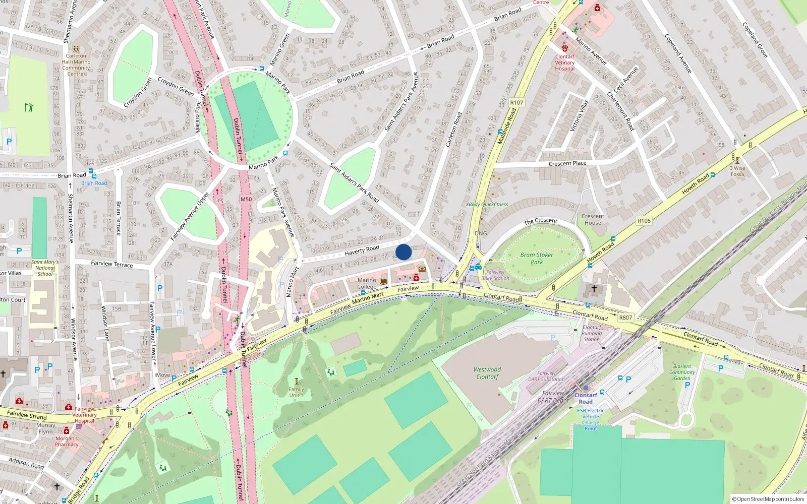 Overhead map showing the location of 36 Haverty Road, Marino, Dublin 3