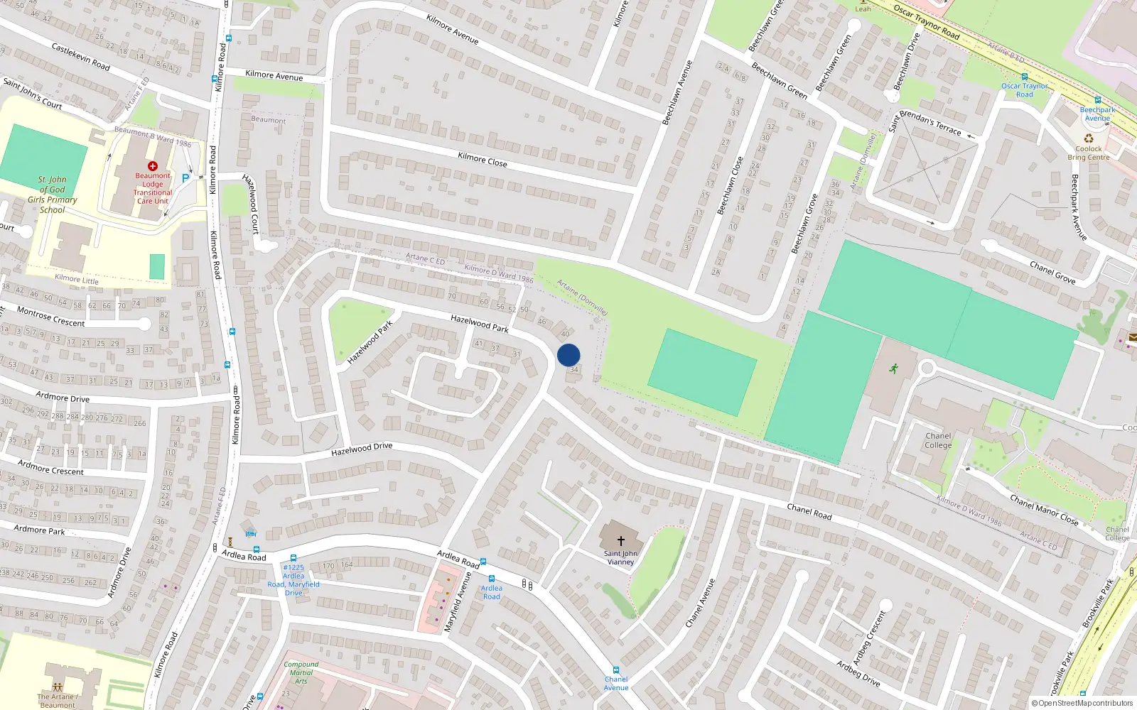Overhead map showing the location of 36 Hazelwood Park, Artane, Dublin 5